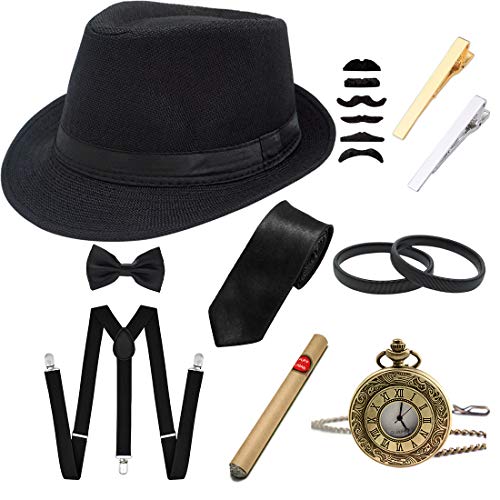 Ziyoot 1920s Accessories for Men Gatsby Gangster Costume Set Panama Fedora Hat, 01 Black, One size fits most.