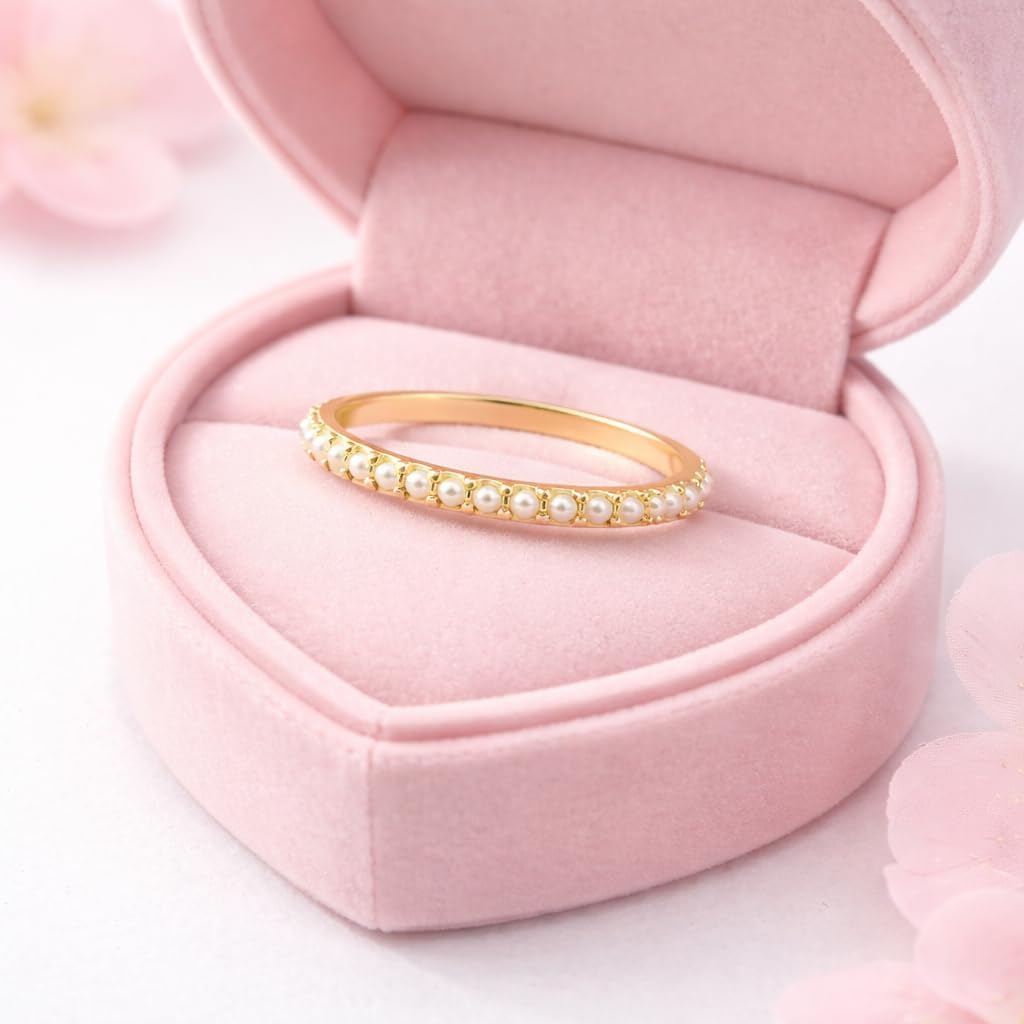 Dainty Akoya Pearl Wedding Band | 14K Solid Gold Half Eternity Stacking Ring Fresh Water Pearl Art Deco Bridal Wedding Band June Birthstone Birhtday Gift For Sister
