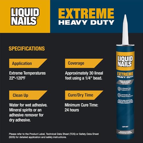 Image of Liquid Nails Extreme Heavy Duty 10 oz. White Latex-Based Interior /Exterior Construction Adhesive Low VOC, 12 Pack