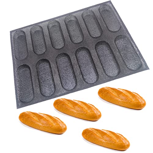 Silikon-Baguette-Formen Hot Dog Brötchenform Brot Brötchenform antihaftbeschichtet Backform perforierte Form 12 Brotbackform + Lebensmittelzange Cover