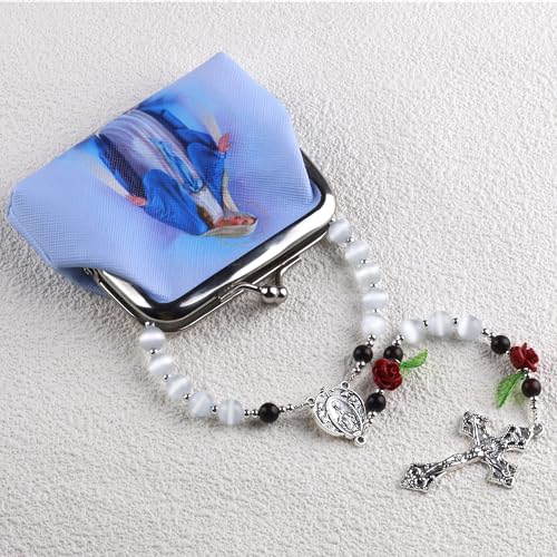 8mm White Cat's Eye Beads Catholic Rosary Necklace with Coral Rose Glory Beads in Virgin Mary PU Leather Bag for Women2