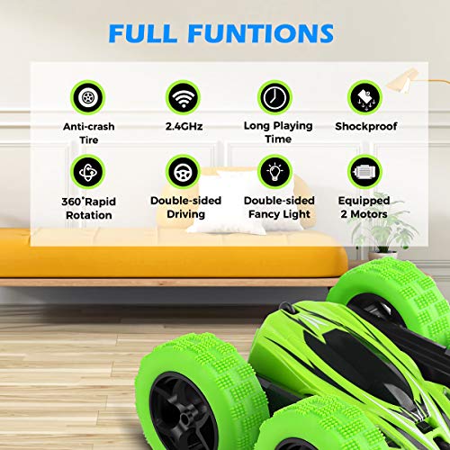 FAFUGANIA Remote Control Car LED Headlights 4WD RC Stunt Car with Batteries, Double Sided Rotating Tumbling 360 Degree Flips High Speed Off Road Vehicles，Toy Gift for Kids Boys Girls - Thumbnail 4
