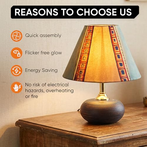 Image of AAKRITI ART CREATIONS Terracotta Table Lamp for Study Room, Bedroom & Living Room Decoration | Abstract Tribal Stripe Pattern Bedside Lamp with Cotton Fabric Shade | Aesthetic Night Lamp
