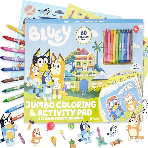 Bluey Jumbo Coloring and Activity Pad 60 Pages of Activities and Coloring Sheets Includes 10 Crayons and 2 Sticker Sheets Fun Bluey Toys Coloring Books for Kids Ages 4-8 Toddler Travel Toys