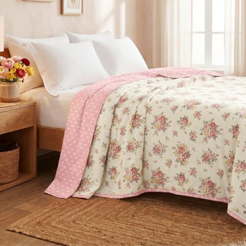 Image of HOMEKART Luxury Cotton Dohar Blanket for Double Bed | Ultra Soft Reversible AC Quilt | Floral Printed Lightweight Summer Blanket | 88x85 Inches (Terracotta Pink)