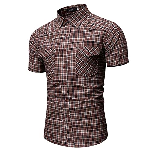 CHUXI 2022 Herren Retro Plaid Hemden Kurzarm Revers Bluse Sommer Tee Shirts Tops Slim Fit Business Formale T-Shirts, #5braun, XL Cover