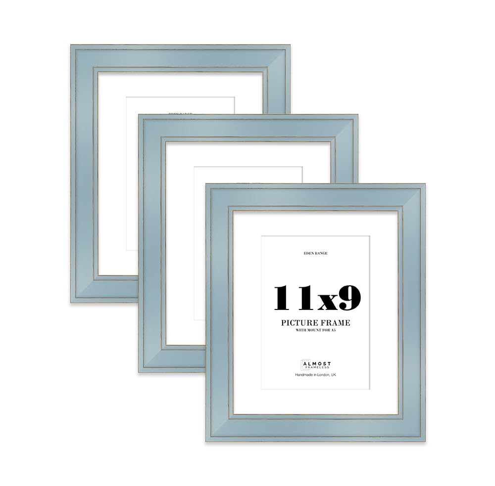 11x9" Cornflower Blue Picture Frame with A5 Mount - Shabby Chic Photo Frame with Distressed Finish, Gold Trim, Wall Hooks and Kickstand, 37mm Edge - 3 Pack