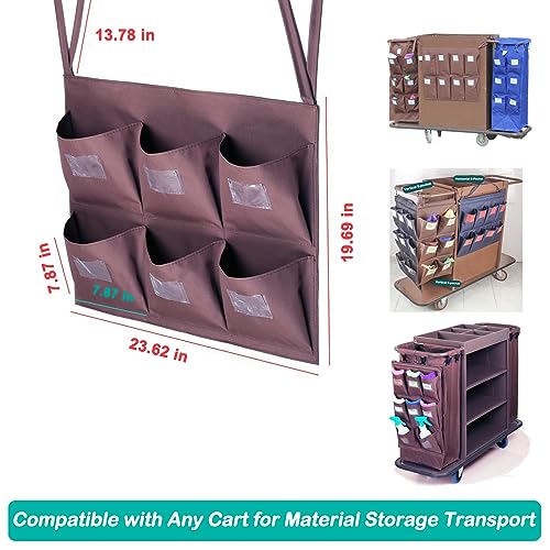 Image of Replacement Janitorial Cart Bag, High Capacity Waterproof Thickened Housekeeping Commercial Janitorial Cleaning Cart Bag with 6 Brass Grommets - 25 Gallon (Horizontal 6-Pocket - Brown)