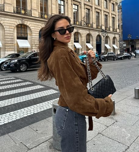 THLAI Womens Faux Suede Retro Jacket Long Sleeve Collar Moto Y2k Coat Outwear4