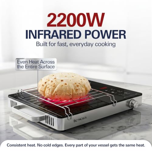Image of Tesora Infrared Cooktop 2200W by Cook with Parul | Works with All Cookware | Jog Dial + Digital Display | 4 Preset | Grill Rack | Uniform Heating | Crystal Glass Top | Auto Shut-Off