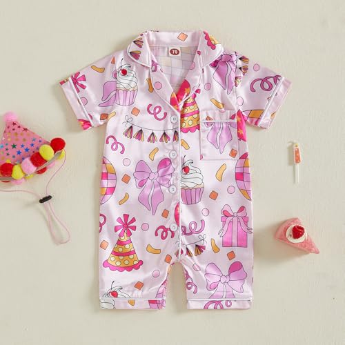 Kuriozud Baby Girl Boy Birthday Button Down Silk Satin Pajamas Romper One-Piece Jumpsuit Long Sleeve Nightgown Pjs Sleepwear2