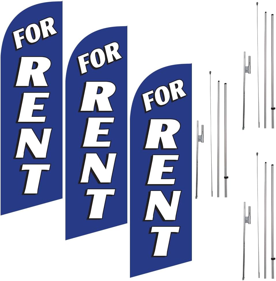 FFN (Pack of 3) For Rent 6ft Feather Flags Outdoor Signs for Real Estate Agents with complete Kits, Includes 3 Flags and 3 Poles with 3 Ground Stakes (blue)