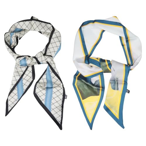 yueton 2Pack Trendy Satin Scarf Lozenge Scarves Landscape Pattern Scarf for Women Neck Handbag Accessories Hair