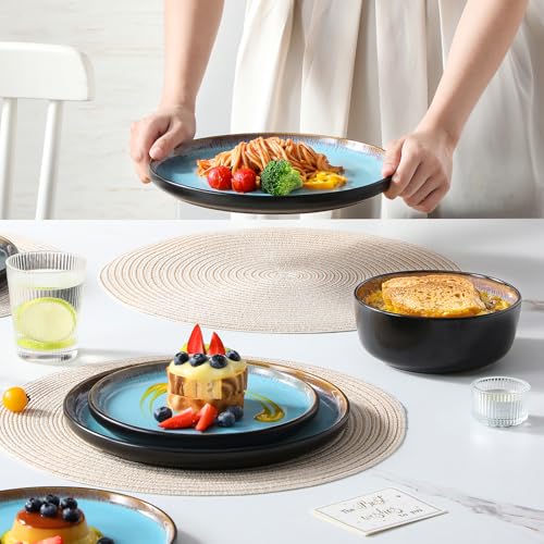 Image of vancasso Plates and Bowls Sets, 18 Pieces Stoneware Dinnerware Sets for 6, Kitchen Dish Set Mircowave and Dishwasher Safe Ceramic Dishware, Blue, Series AMBER
