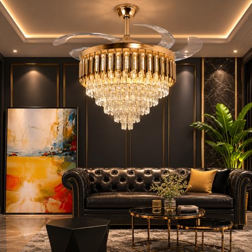 Image of Elegant Chandelier Ceiling Light for Living Room Hanging Pendant Light | Italian K9 Crystals | Metal Frame | Adjustable LED Light (Warm, Cool, Natural White) (Fan Chandelier-AD-600MM-Gold)