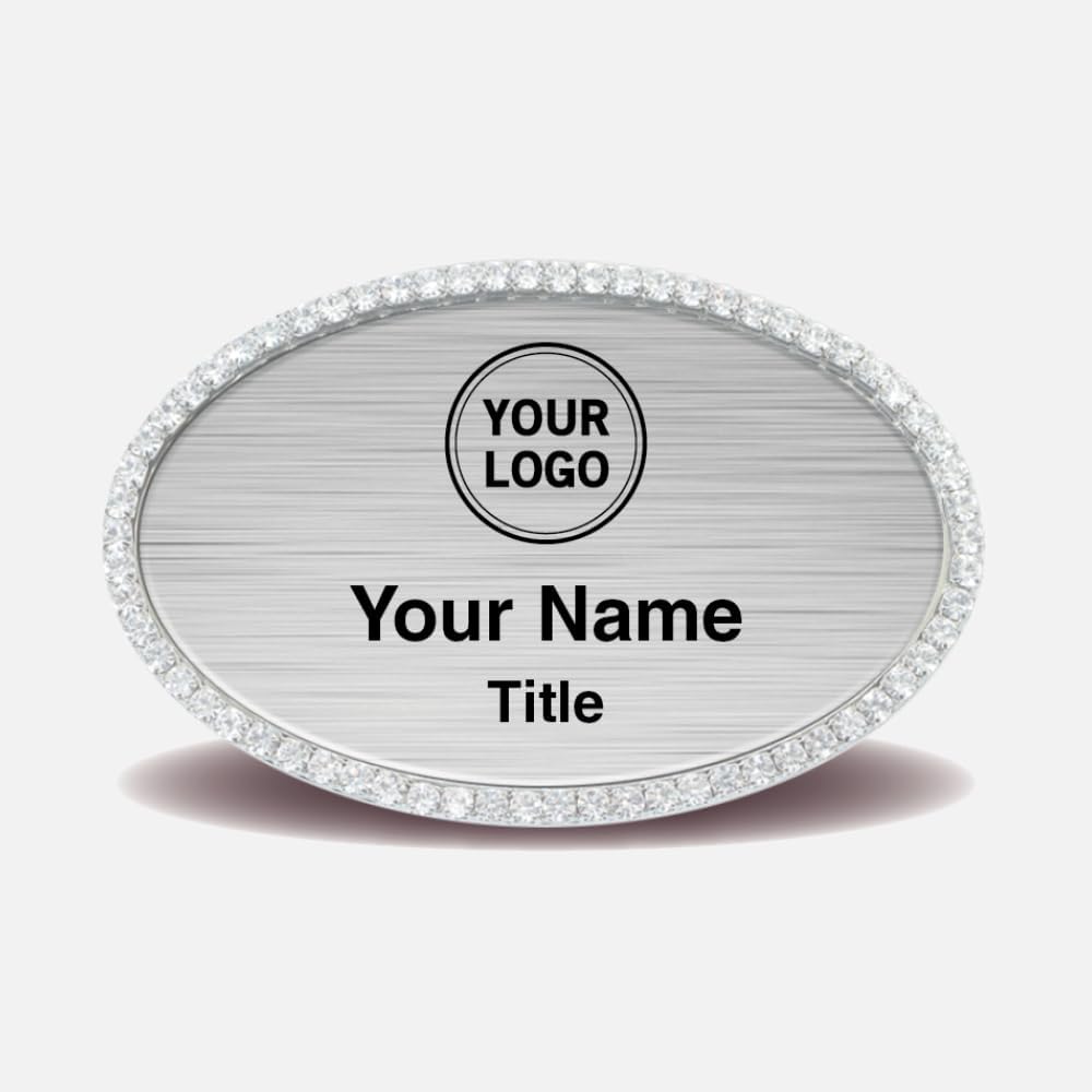 Bling Oval Name Badge - Hand-Set Crystal Frame (Gold or Silver) - Custom Text & Logo - Pin or Magnetic Fastener (Pin Included, Magnet Upgrade Available) - 2.625′′ × 1.75′′
