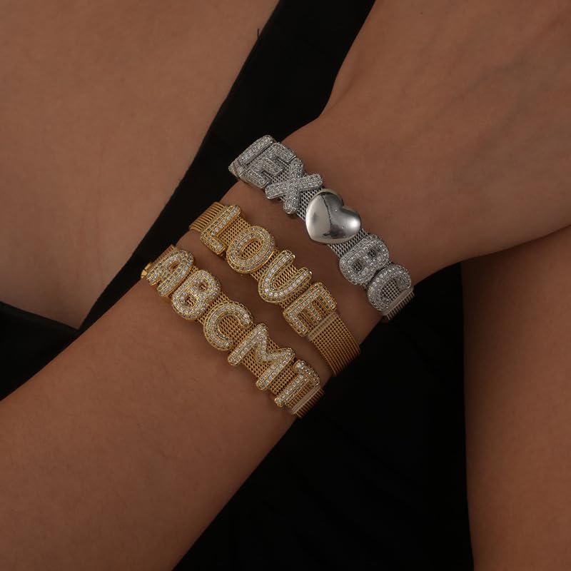 JINMA Custom Name Bracelet for Women Men – Iced Out Bling CZ Letter Charms Plated Adjustable Mesh Bracelet – Personalized Hip Hop Jewelry Gift2