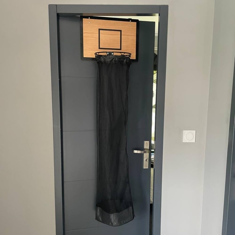 Générique TheDunk - Cesto da basket in legno, per biancheria sporca, da parete e da porta, con borsa rimovibile, pallone e pompa d'aria, giochi da basket, per raccolta di biancheria sporca, regalo per