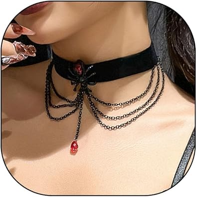 Gothic Spider Choker Necklace Punk Black Spider Pendant Necklace Layered Long Tassel Insect Spider Halloween Jewelry for Women