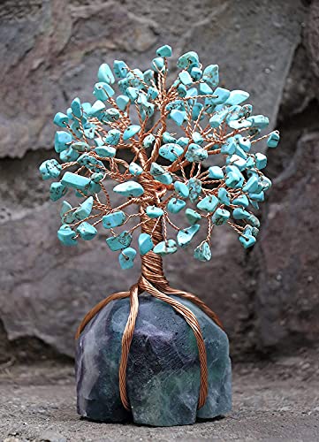 Image of Crocon Howlite Green Turquoise Gemstone Money Tree with Fluorite Rough Wire Wrapped Base | Feng Shui Bonsai | Ornament Figurine | Chakra Balancing | Reiki Crystal Healing | Spiritual | Decor Size 5-6 inch