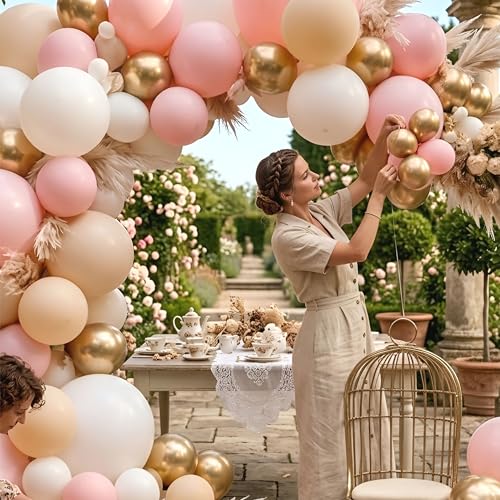 Image of Pink, White and Sand White Balloon Garland Arch Kit with Gold Chrome Balloons, 59 Pcs, for Birthday and Anniversary Decoration
