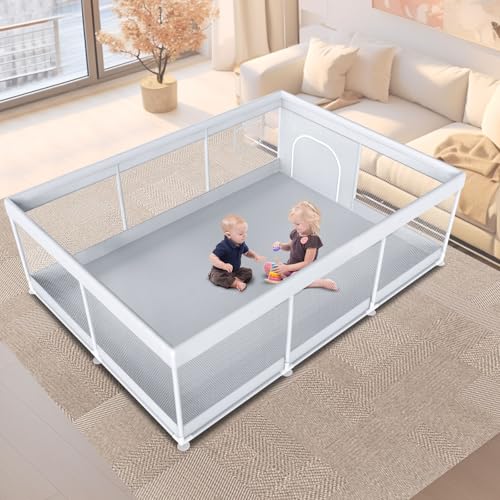 Image of Baby Playpen 74" x 50" Extra Large Play Yard Playpen for Babies and Toddlers with Zipper Gate Indoor & Outdoor Safety Baby Activity Center with Breathable Mesh Non-Slip Play Pen