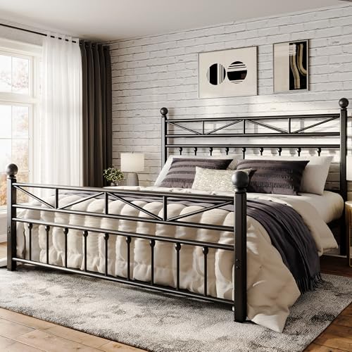 EnHomee 54' Metal King Bed Frame with Tall Headboard & Footboard, LED Light King Bed Frame, Strong Metal Slats Support and Noise-Free Design with Under Bed Storage/No Box Spring Needed/Black