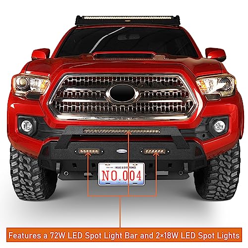 Image of Hooke Road Tacoma Stubby Sharp Front Bumper for 2016-2023 Toyota Tacoma 3rd Gen Truck, Solid Steel Bumper with LED Lights and D-Ring Mounts
