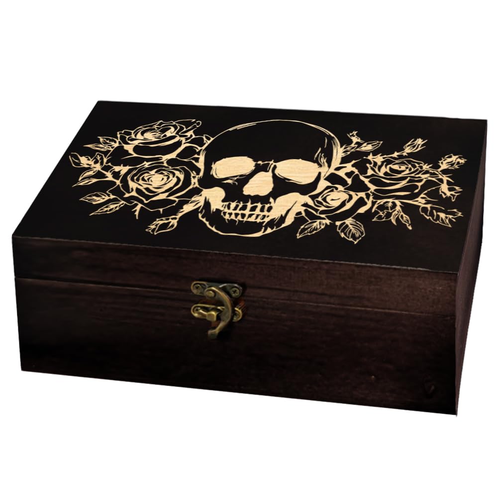arricraft 1pc Wooden Memorial Storage Box, Skeleton Skull Rose Pattern Rectangle Pine Tarot Box for Anniversary Jewelry Board Storage (9.45x5.51x3.54 Inch)