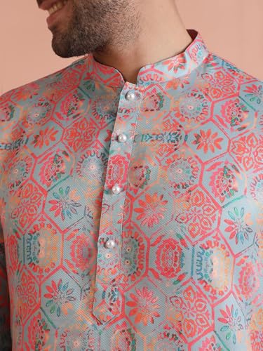 Kisah Men's Kurta, Multi Cotton, Floral Regular Fit Long Sleeves Mandarin Collar (S) Multicolour