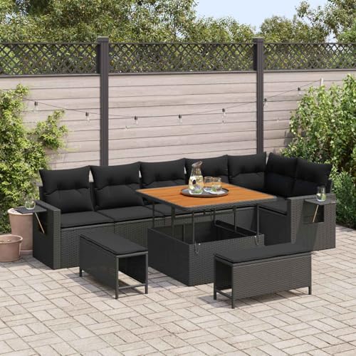 Mokuyary Juego de 11 sofás de jardín con cojín, color negro, poliratán de poliéster, mobiliario de balcón, balcón, exterior, exterior, jardín, jardín, jardín, 100 cm, longitud de tafetán M336K704