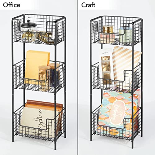 mDesign 3 Tier Vertical Standing Bathroom Shelving Unit, Decorative Metal Storage Organizer Tower Rack Center with 3 Basket Bins to Hold and Organize Bath Towels, Hand Soap, Toiletries - Black