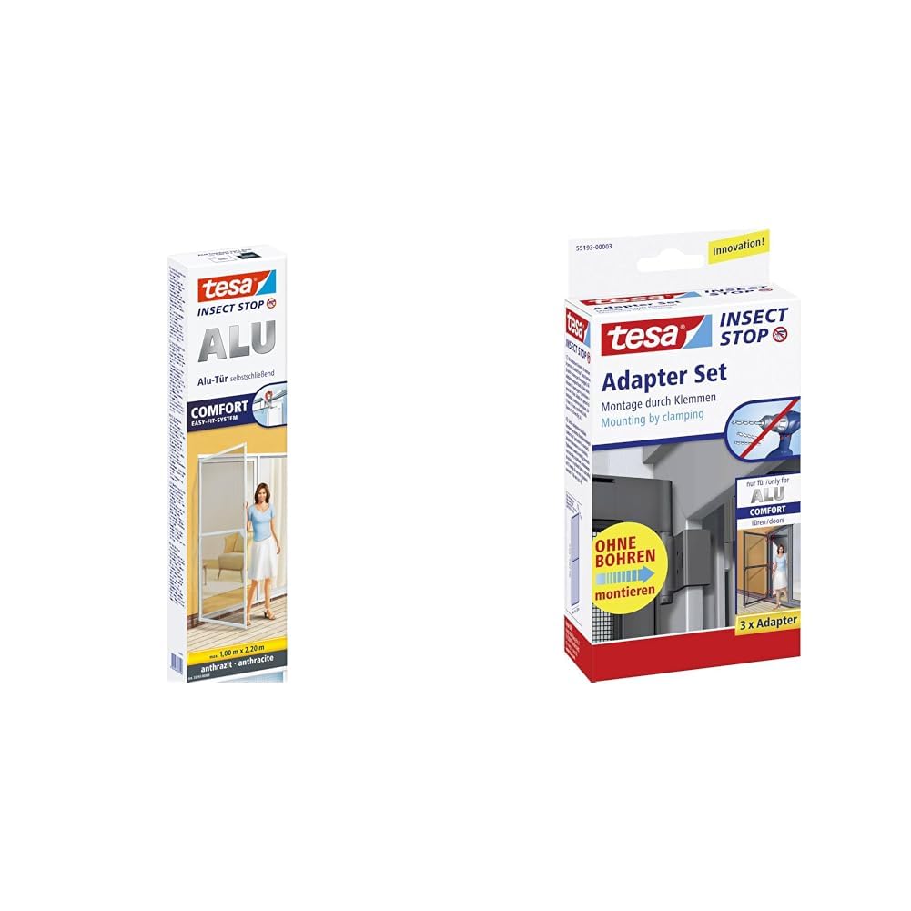 Tesa 55192-00003-00 Moskitera, Antracyt, 1,0m x 2,2m & tesa Zestaw adapterów moskitiery Insect Stop do drzwi ALU COMFORT - antracyt
