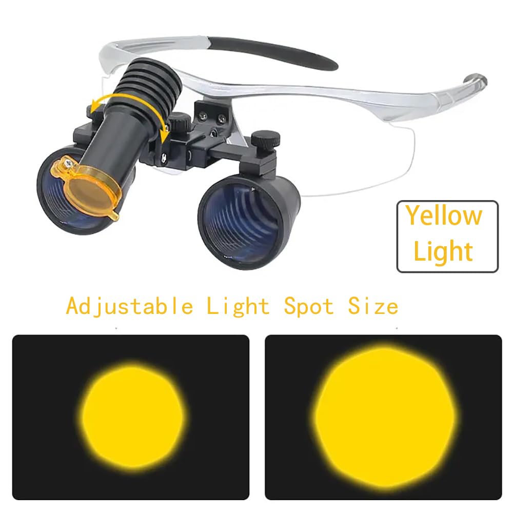 Generic 2.5X 3.5X Loupes Dental Loupe with Light 5W Headlight Yellow Filter 320-420 mm Surgical Binocular Magnifier Portable Aluminum Suitcase (2.5X), Gray