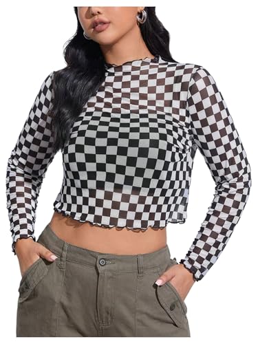 WDIRARA Women's Plus Size Checkered T Shirt Sheer Mesh Tee Long Sleeve Crop Tops