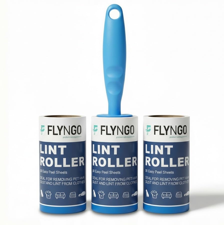 FLYNGO Sticky Lint Remover for Clothes, 270 Sheets Reusable Easy-Tear Pet Hair Remover Lint Roller Brush for Woolen Clothes, Sofa, Furniture, Sweater, Dust & Dirt - 3 Rolls 90 Sheets Each (Blue)