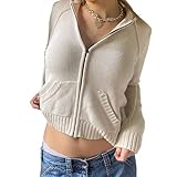 KMBANGI Zip Up Crop Hoodies for Women Knitted Vintage Hooded Pullover Y2k Ribbed Knit Drawstring Sweatshirt with Pockets(White,L)