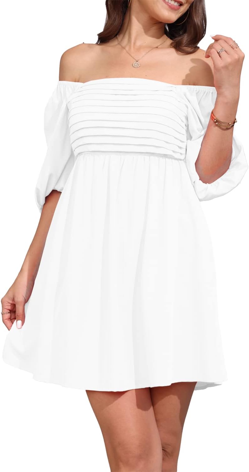 Ebifin Womens Square Neck Dresses Half Puff Sleeve High Waist A-Line Casual Backless Smocked Short Babydoll Mini Dress - Image 3