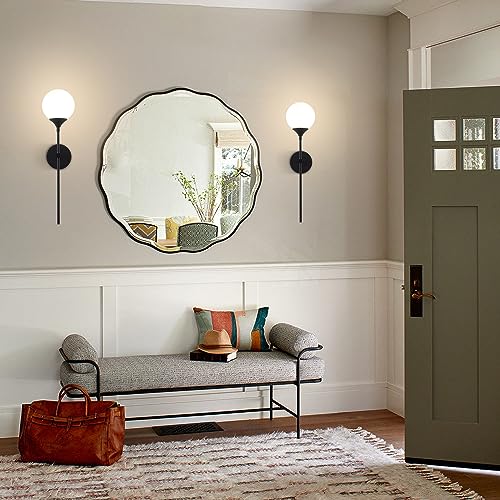 Image of KCO Lighting Farmhouse Matte Black Wall Sconce Set of 2 Vintage Milk White Glass Globe Wall Light Mid Century Modern Bathroom Vanity Light Set of Two Industrial Bar Wall Lamp