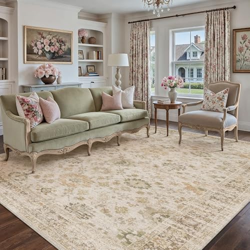 PureCozy Beige 6x9 Area Rug Non Slip Vintage Living Room Distressed Machine Washable Carpet Retro Indoor Bedroom Traditional Floral Accent Throw Rug for Office Kitchen Dorm Dining Room 6' x