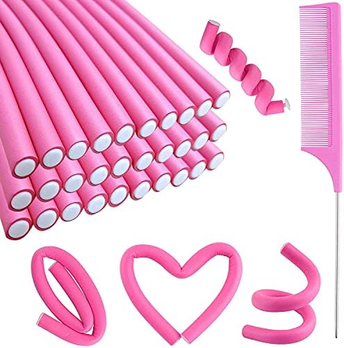30PCS 9.45" Flexible Curling Rods Hair Twist Flexi Rods Hair Curlers Set,Twist Foam Hair Rollers No Heat Hair Rods Rollers Hair Curlers Rollers,Steel Pintail Comb Rat Tail Comb for Short and Long Hair
