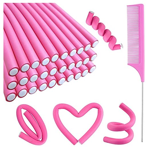 30PCS 9.45" Flexible Curling Rods Hair Twist Flexi Rods Hair Curlers Set,Twist Foam Hair Rollers No Heat Hair Rods Rollers Hair Curlers Rollers,Steel Pintail Comb Rat Tail Comb for Short and Long Hair