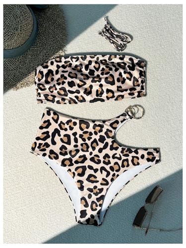 SweatyRocks Women's Leopard Print Bandeau Bikini Cut Out Strapless High Waisted 2 Piece Bathing Suit3