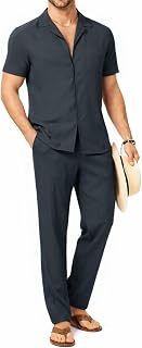 TYSORT Men 2 Piece Cotton Cuban Collar Button Down Shirt Casual Loose Pant Sets,Cord Set For Men Price In India