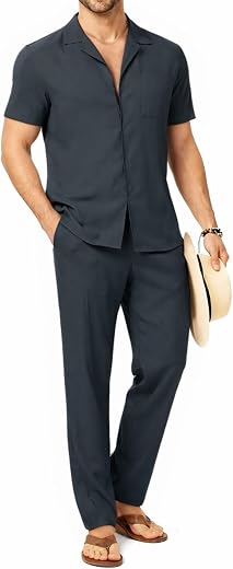 TYSORT Men 2 Piece Cotton Cuban Collar Button Down Shirt Casual Loose Pant Sets,Cord Set For Men