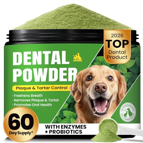 Dog Teeth Cleaning Powder, Dog Dental Powder and Cats Breath Freshener, Plaque Off Pet Tooth Cleaning lab co, Bad Breath & Tartar Remover for Dogs, Dog Teeth Cleaning with Enzymes- 60-Day Supply -Mint