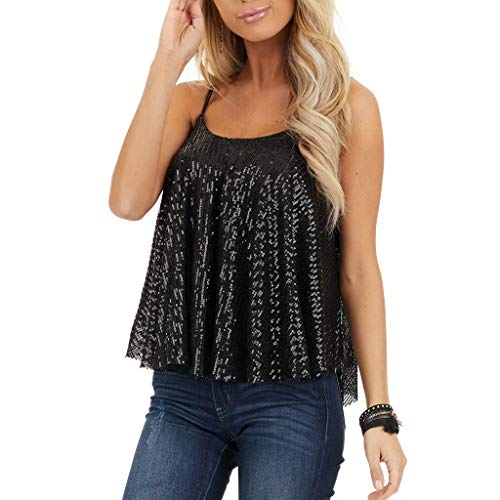 Womens Sequin Top Camisole Sleeveless Vest Glitter Shining Spaghetti Strap Club Tank Top Black