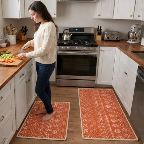 Image of HomeCloud Anti Fatigue Kitchen Rug Printed Thick Anti Slip, Washable, Big Size, Designer Folding Kitchen Mat for Home BedroomStandard Size (41 x 122 cm 41 x 61 cm) (Geomatric Orange)