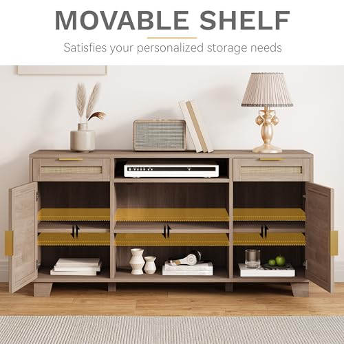 DWVO TV Stand for TVs up to 65 Inch, Entertainment Center with Storage, Boho TV Media Console with 2 Drawers, Rattan Door Cabinets, Adjustable Shelf for Living Room (Natural Oak)