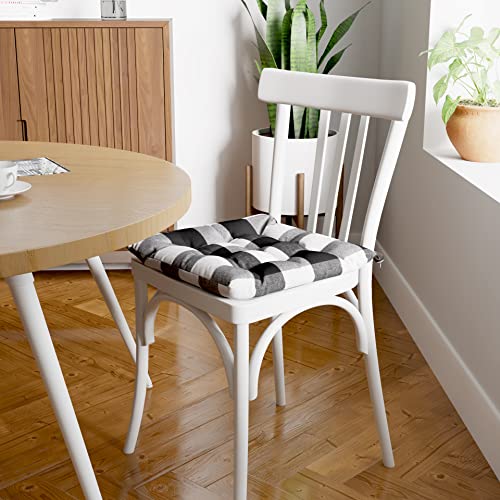 Image of Encasa XO Chair Cushions 40x40 cm with Ties 4 pcs - Buffalo Black Checks - Stripe Cotton Fabric, Rich Square Seat Cushions Micro-Fiber Filling, Large Size for Sitting, Sofa, Dining Table & Outdoor